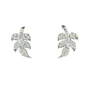 Vintage PELL Clear Rhinestone Leaf Earrings Clip On Silver Toned Unsigned